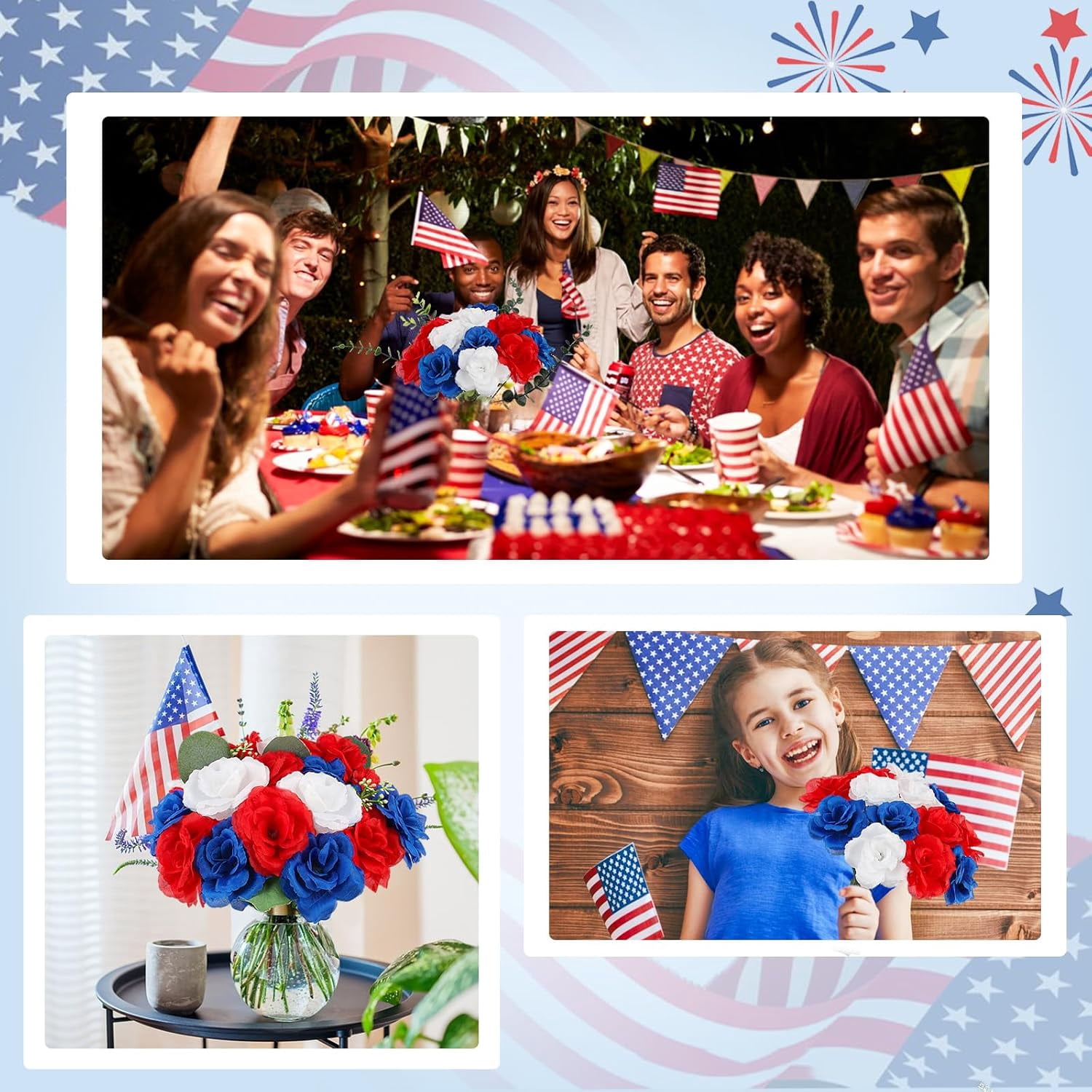 108pcs Roses Head Flowers with Stem - Red Blue White Artificial Flowers Rose Bulk - Silk Rose Fake Flower Arrangement for Patriotic Memorial Bouquet Grave Centerpieces 4th of July Veterans Party Deco