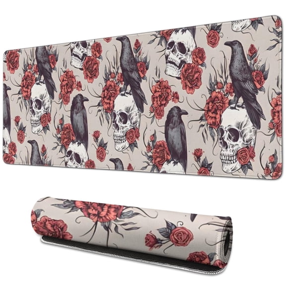Long Mouse Pads for Desk,Beige Skull Crow Flower Pattern Desk Mats on Top Of Desks, Desk Mouse Pad Extra Large with 3mm Non-Slip Base and Stitched Edge for Gaming,Office,Work,Home 31.5"x11.8"