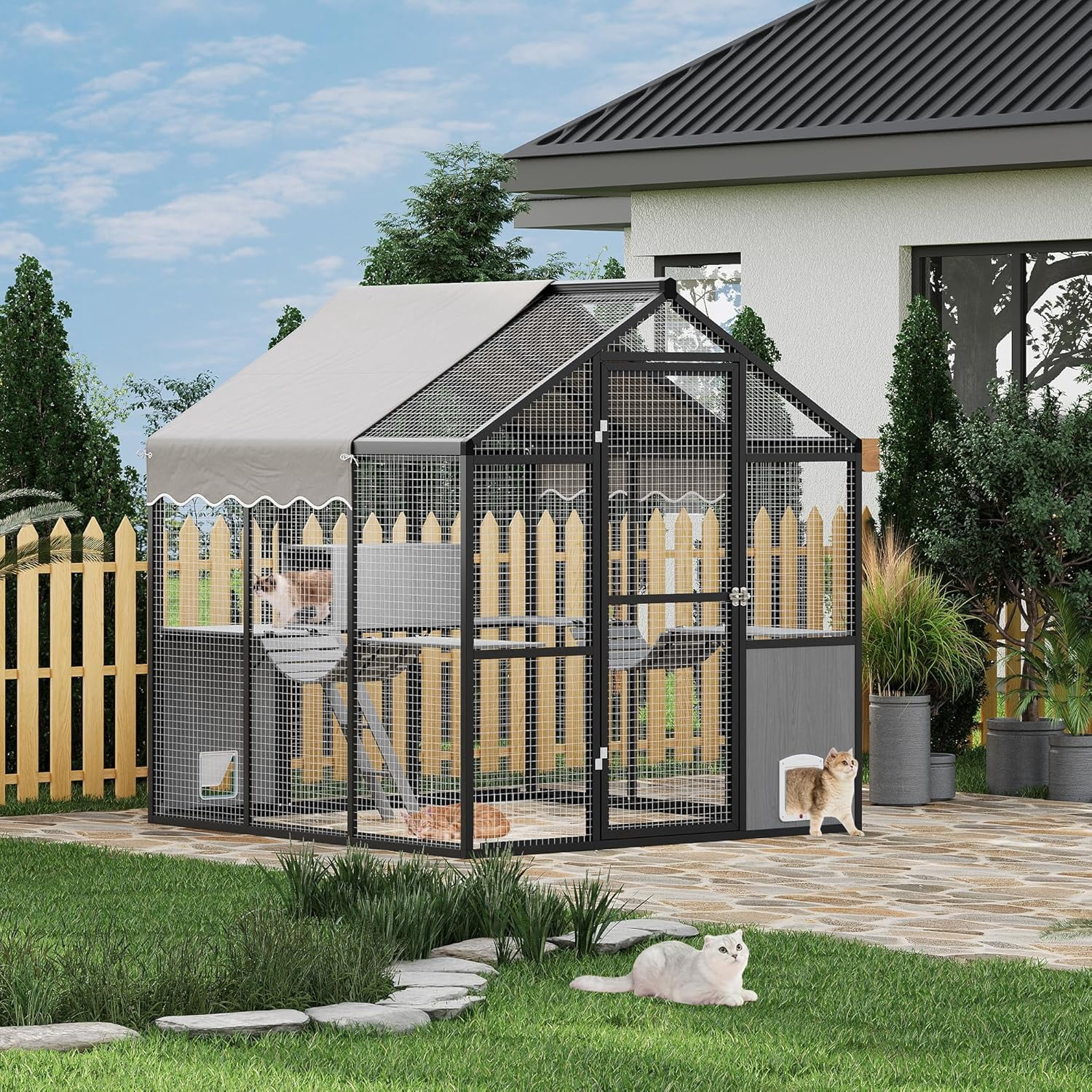 Large Outdoor Cat Enclosure,Aluminum Walk-In Wooden Outside Cattery Cat Run  with Weatherproof Roof with Channels, Side Door, UV Proof Cover, Idea for Multiple Cats
