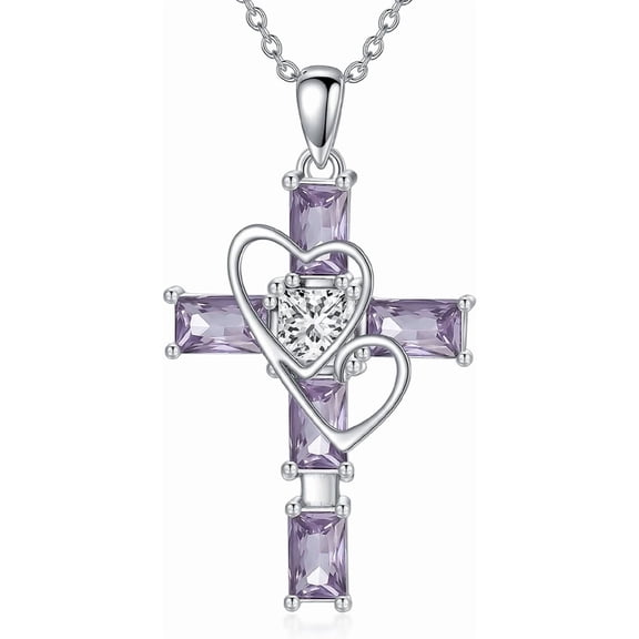 SISGEM Cross Necklace 925 Sterling Silver Double Heart Shape Light Purple Amethyst Cross Pendant Necklace for Women Religion Jewelry Birthday Valentines Day Gifts for Her 18’’ 2’’ Inches