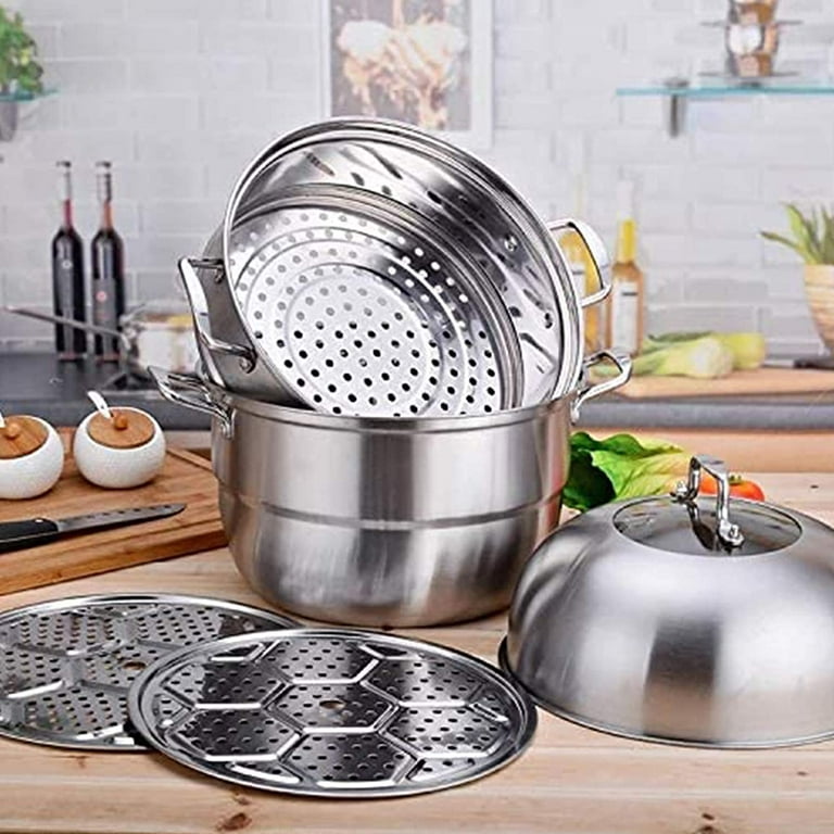 Thick-bottomed Stainless Steel Steamer Pot 2 Tier Food Steamer for Cooking Multipurpose Cookware with Tempered Glass Lid for Vegetable, Tamale