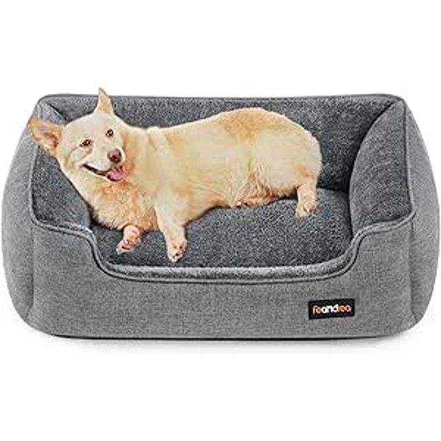 FEANDREA Cama para Perros, Sofá para Mascotas, 90 x 75 x 25 cm, Bordes Elevados, Fondo Antideslizante, Funda Extraíble, L, para Perros Medianos, Gris Claro