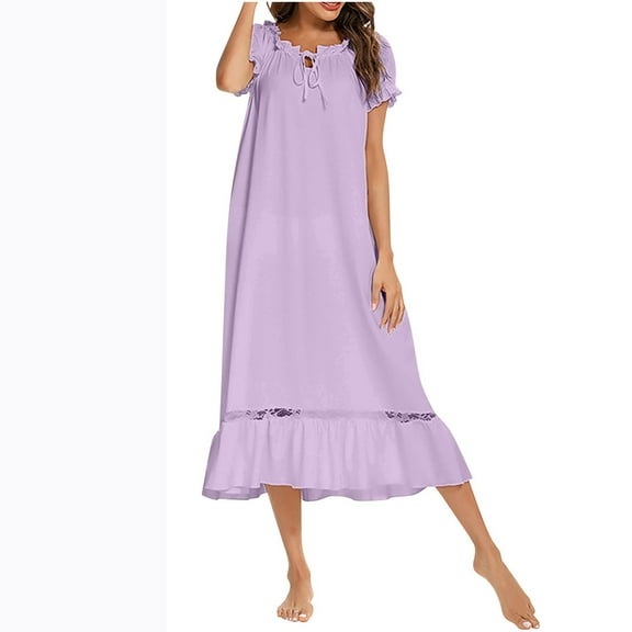 Amvlyk Sleepshirts for Women Ruffle Nightgown Below The Knee Nightwear Short Sleeve Nightshirt Round Neck Soliid Color Nightdress Loose Loungewear Casual Sleepwear House Dress Home Wear Pajamas