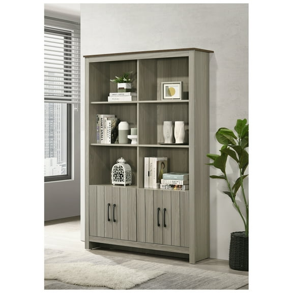 Nyla 47"W Gray Oak Bookcase Shelf with Cabinet Doors Oak   Engineered Wood