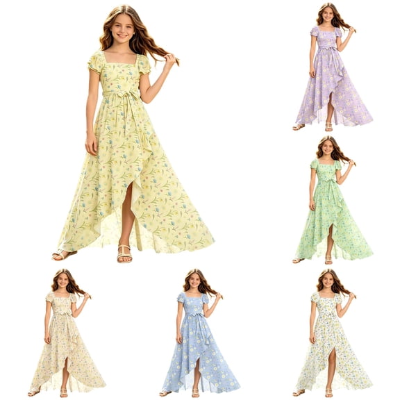 FYDUU Flower Girl Dress Girls Flutter Sleeve Floral Dresses Summer Ruffle Flowy Long Maxi Dress Elegant Party A-Line Sundress for Girls 13-14 Years