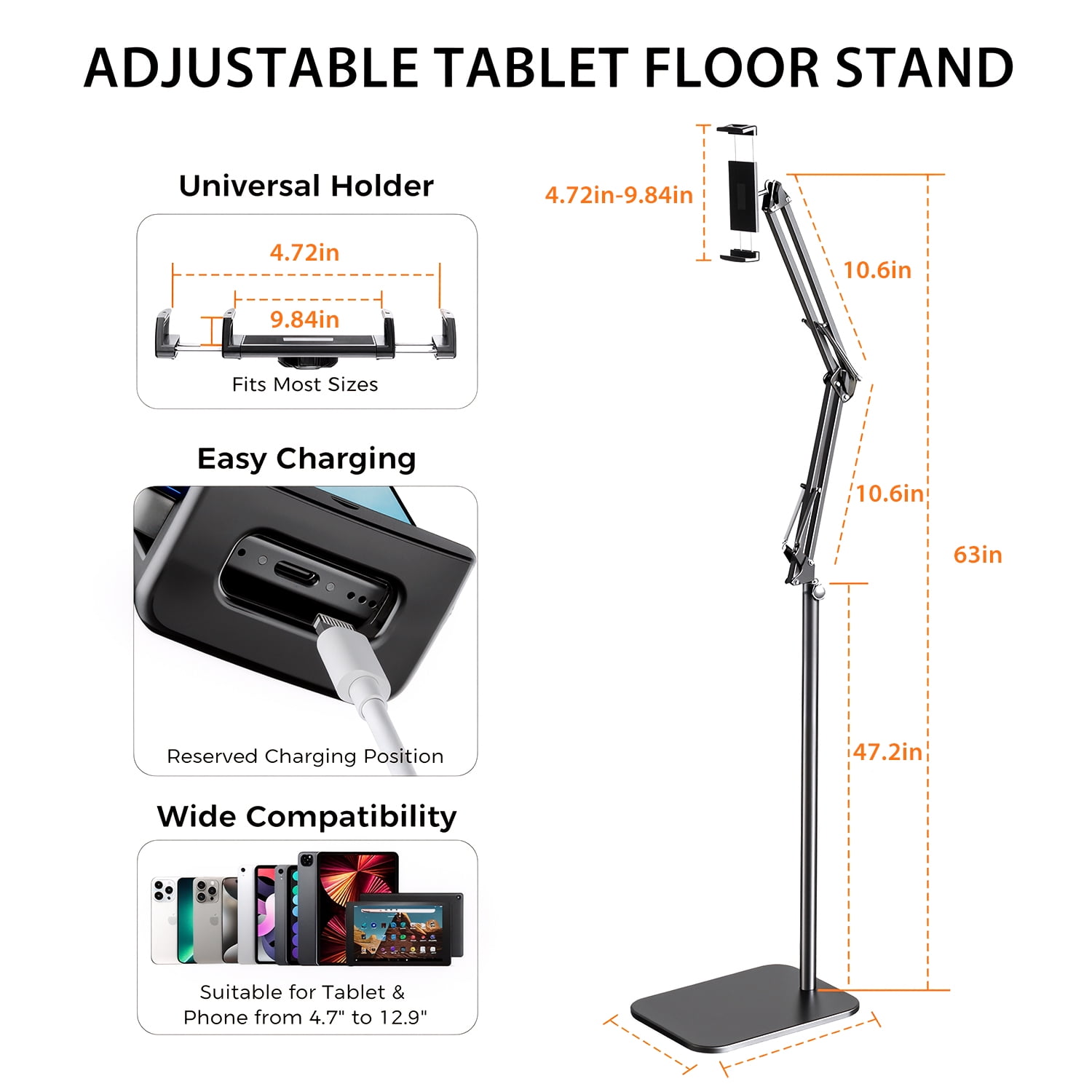 Hanru Tablet Floor Stand, 69" Height Adjustable 360-degree Rotatable Tablet Holder, Arm Stretchable Stand, Overhead Bed Phone Mount（4"~12.9''）