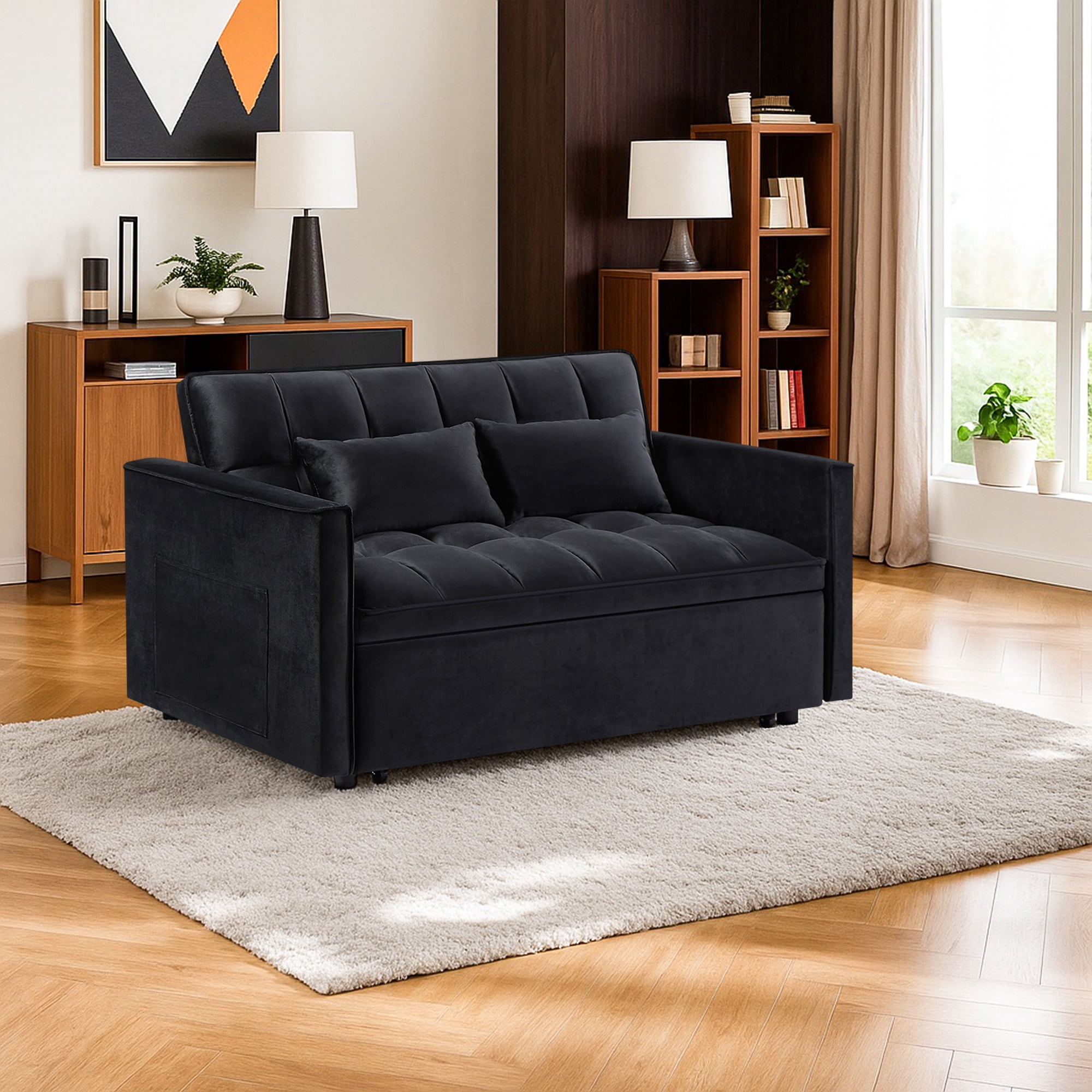 Kadyn Futon Sofa Bed, 54" Adjustable Backrest Convertible Futon Sofa for Living Room, Futon Sleeper Sofa with Side Pouch, Black