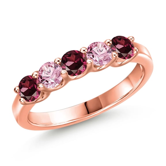 Gem Stone King 18K Rose Gold Plated Silver Red Rhodolite Garnet and Pink Lab Grown Diamond Wedding-Bands Ring for Women | 1.02 Cttw | Round 3.5MM | Gemstone January Birthstone | Size 5