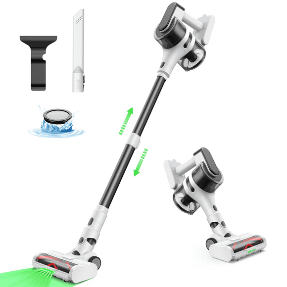 MOOSOO Cordless Vacuum Cleaner, 3 in 1 Stick Vacuum with 6 LED Green Headlights, 55 mins max runtime, for Carpet, Hard Floor