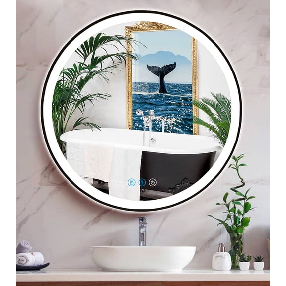 Lighted Black Bathroom Round Vanity 30 Inch Mirror with Lights for Bathroom  Wall 30″Round Black  LED Mirror Antifog 3 Color Dimmable Bathroom Smart Makeup Light up black circle mirror