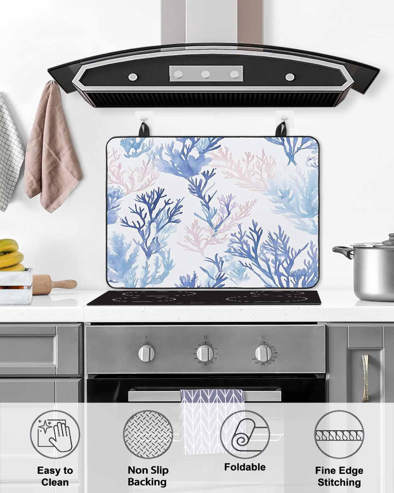 nqOlkjepod Large Induction Cooktop Protector Mat 24"x21", Blue Pink Coral Stove Top Covers for Electric Stove, Watercolor Coastal Ocean Life Decorative Stove Burner Cover Mats, Glass Top Stove Cover