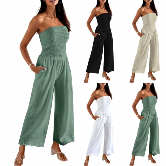 Tqcoqu Strapless Jumpsuits for Women Smocked Solid Sleeveless One Piece Wide Leg Pants with Pockets,Beige,Women's S-XXL