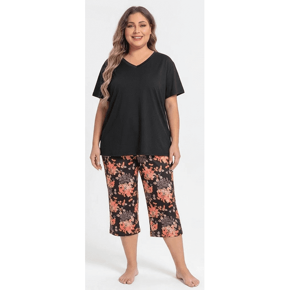 Plus Size Pajamas: Syphorium Womens Plus Size Pajamas, Short Sleeve Sleepwear Top with Capri Pants Prints 2 Piece Pjs Loungewear