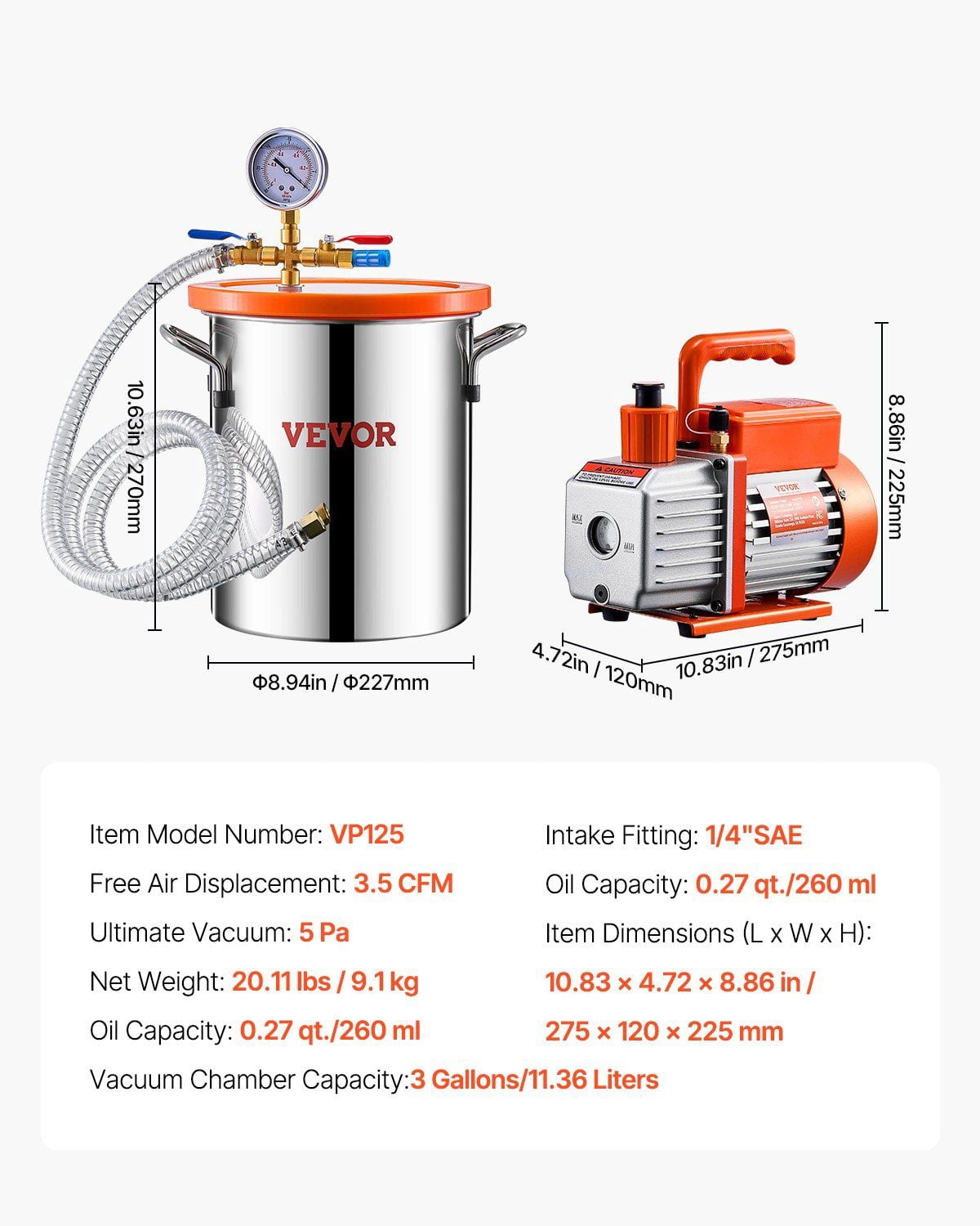 1.5 Gallon Vacuum Chamber 3.5CFM Single Stage Pump Degassing Chamber Kit, High-Performance 5Pa Ultimate Vacuum, Stainless Steel Chamber with Transparent Acrylic Lid, Complete Accessories