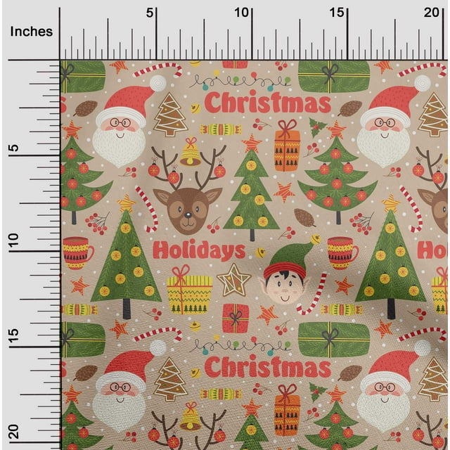 oneOone Cotton Cambric Tan Fabric Santa|Gift Box & Tree Christmas Sewing Craft Projects Fabric Prints By Yard 56 Inch Wide