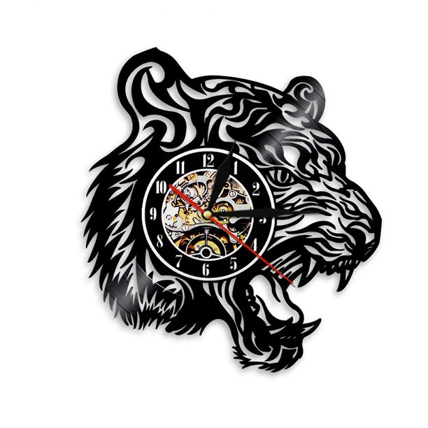 Reloj de pared de vinilo con forma de cabeza de tigre, reloj de pared de vinilo con forma de cabeza de tigre, reloj de vinilo, decoración de pared de salón, regalos únicos para amantes de la música Feliz Sencillez