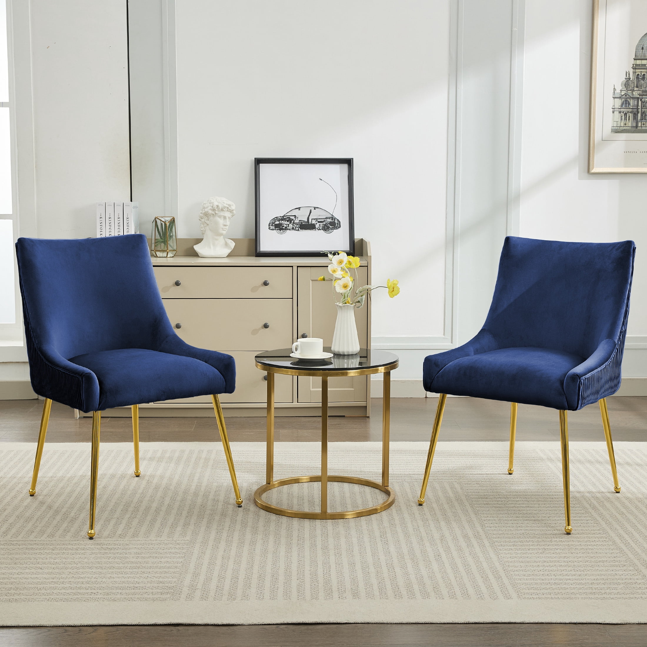 Velvet Dining Chairs Set of 2 with Gold Legs, Upholstered Accent Chairs, Pleated Back & Gold Pull Handle, Mid-Century Modern for Dining Room, Kitchen, Living Room, Blue