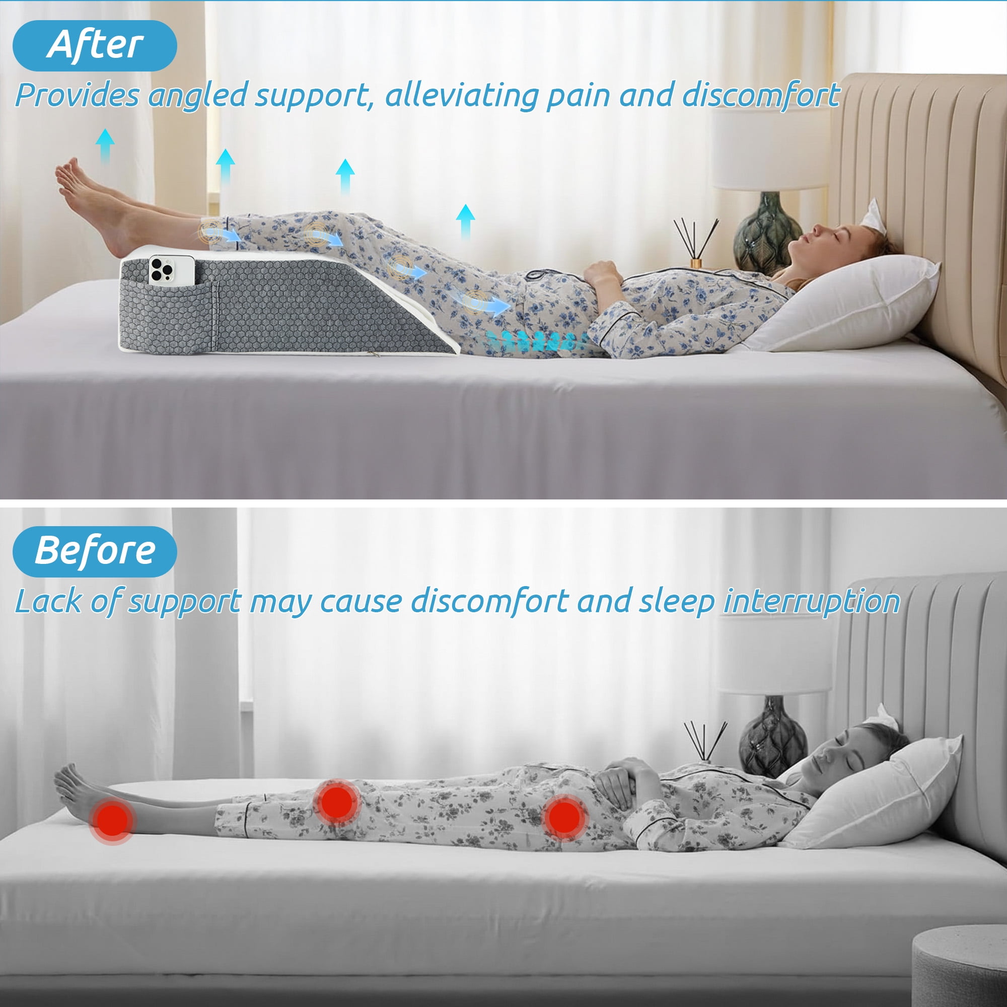 MOONORAH Wedge Pillows for after Surgery, Leg Pillow for Sleeping, Back Pain Relief, Blood Circulation, Knee Elevating Pillow, White/Grey