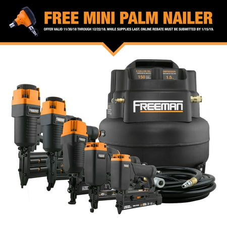 D500 Compressor - Freeman 5-Piece Nailer Kit w/6 Gallon Air Compressor & Accessories P5PCKW with Free Palm Nailer