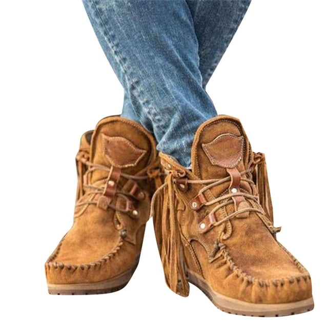 CAROOTU Nouvelles Bottines Rétro en Daim pour Femmes Chaussures de Luxe Mates avec Frange