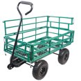 thumbnail image 3 of Metal Utility Wagon Truck with 180 Degree Steering Range Handle and 4 Wheels, Tool Wagon Cart with Removable Mesh Fence, Push Pull Outdoor Garden Cart for Grocery Camping Shopping Sports, Green, 3 of 9