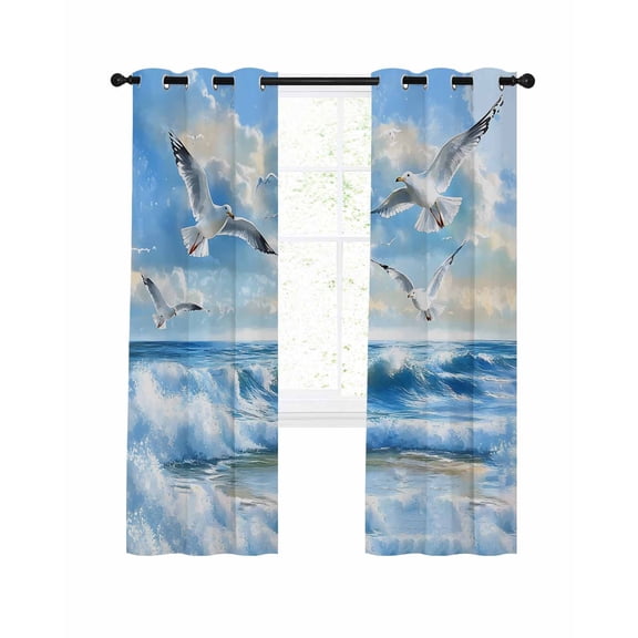 Blue Coastal Birds Blackout Curtains, Light Blocking Print Window Curtains, Summer Beach Seaside Nautical Thermal Insulated Window Drapes for Living Room Kitchen Cafe 2 Panels, 55"W x 39"L