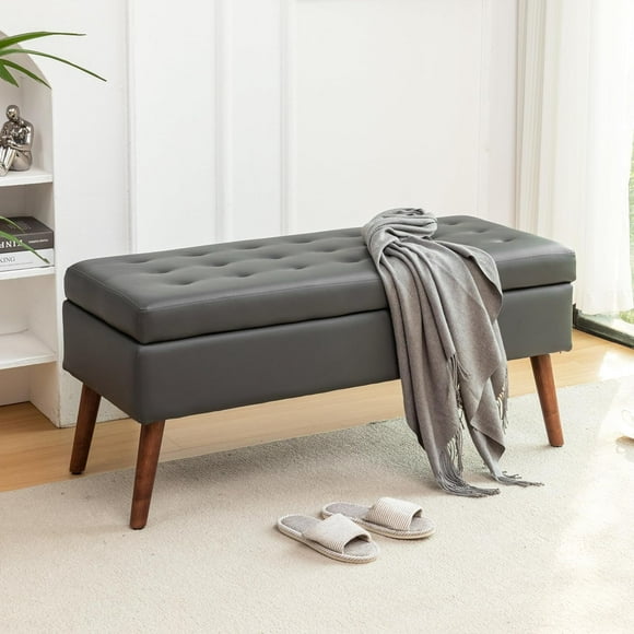 PU Leather 43.3" End of Bed Storage Bench, Tufted Foot Bench for End of Bed, Entryway Storage Ottoman Bench, Footstools Bedroom Seat with Solid Wood Legs (Dark Gray)