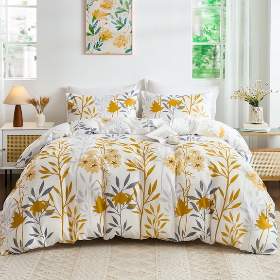 100% Cotton Duvet Cover Set, Yellow Floral Bedding Set 3 Pcs Reversible Lightweight Comforter Cover for All Season (Yellow Botanical)