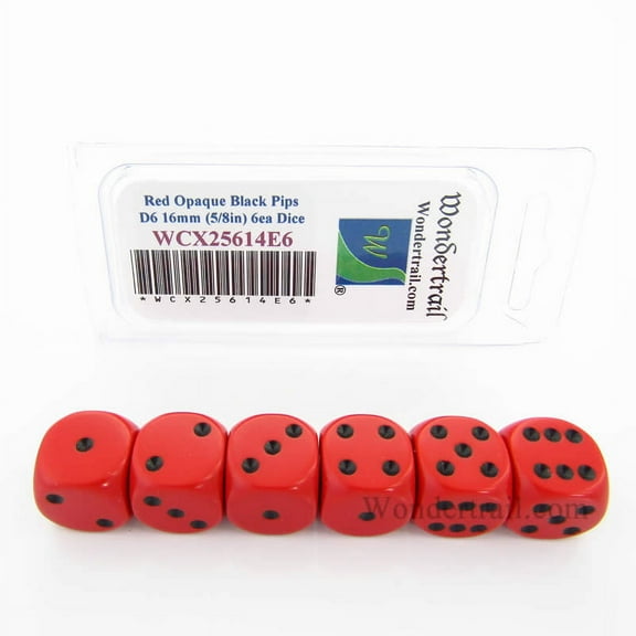 Red Opaque Dice with Black Pips D6 16mm (5/8in) Pack of 6 Wondertrail