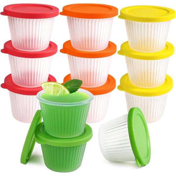 2oz Silicone Jello Shot Cup with Lids, 12 Pack Jello Shot Container, Souffle Cups, Condiment and Dipping Sauce Cups, Squzzeable and Stackable