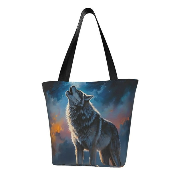 Balery Lonely Night Sky Wolf Bolsa de Hombro con Diseño, Bolsa Grande y Duradera, Bolsa Versátil para Compras
