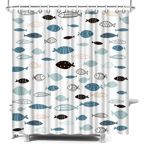 Fish Shower Curtain 72"x72" Ocean Geometric Blue Fish Shower Curtain Polyester Fabric Bathroom Decor, with Hooks