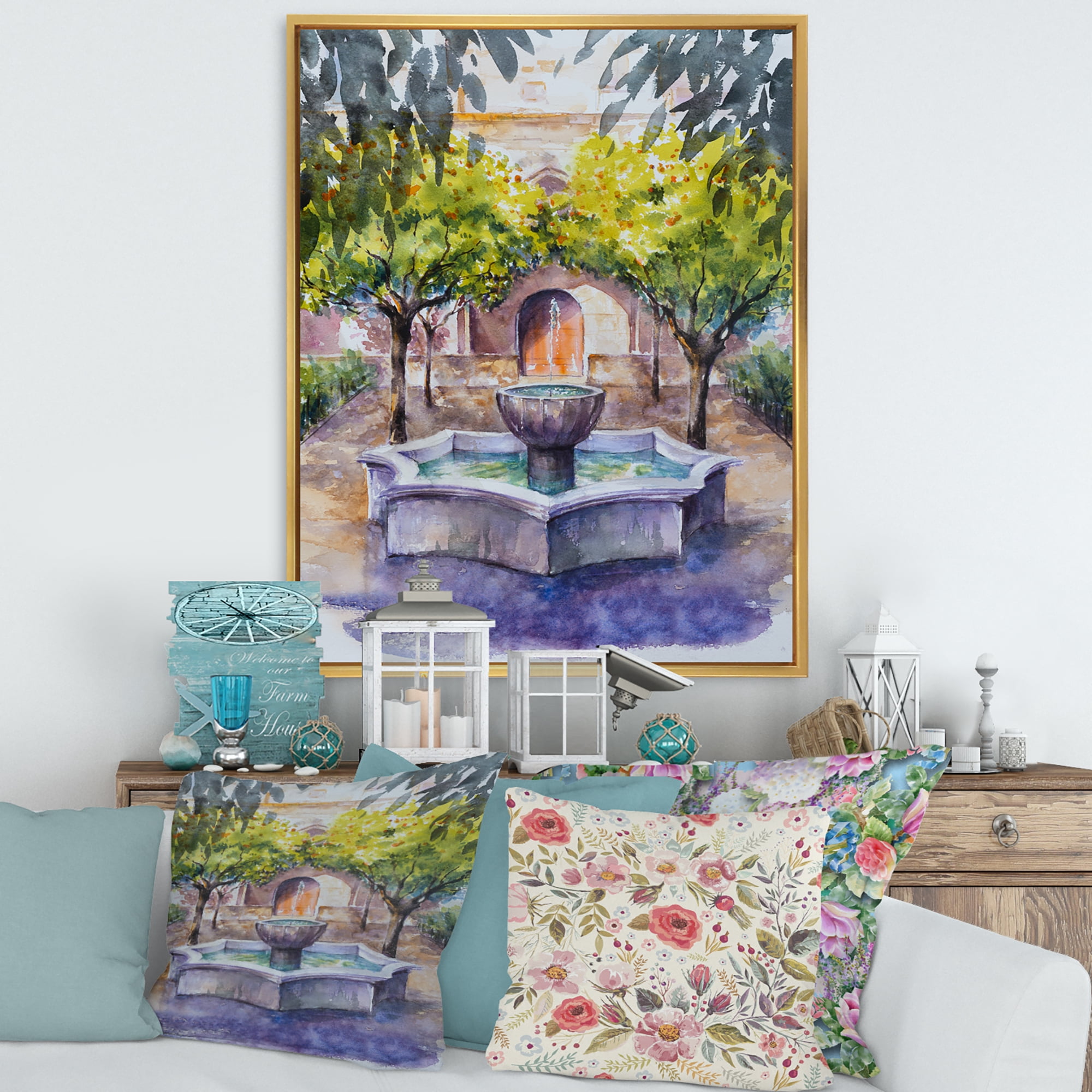 Designart 'Small Fountain With Trees In The Village House' Country Framed Canvas Wall Art Print