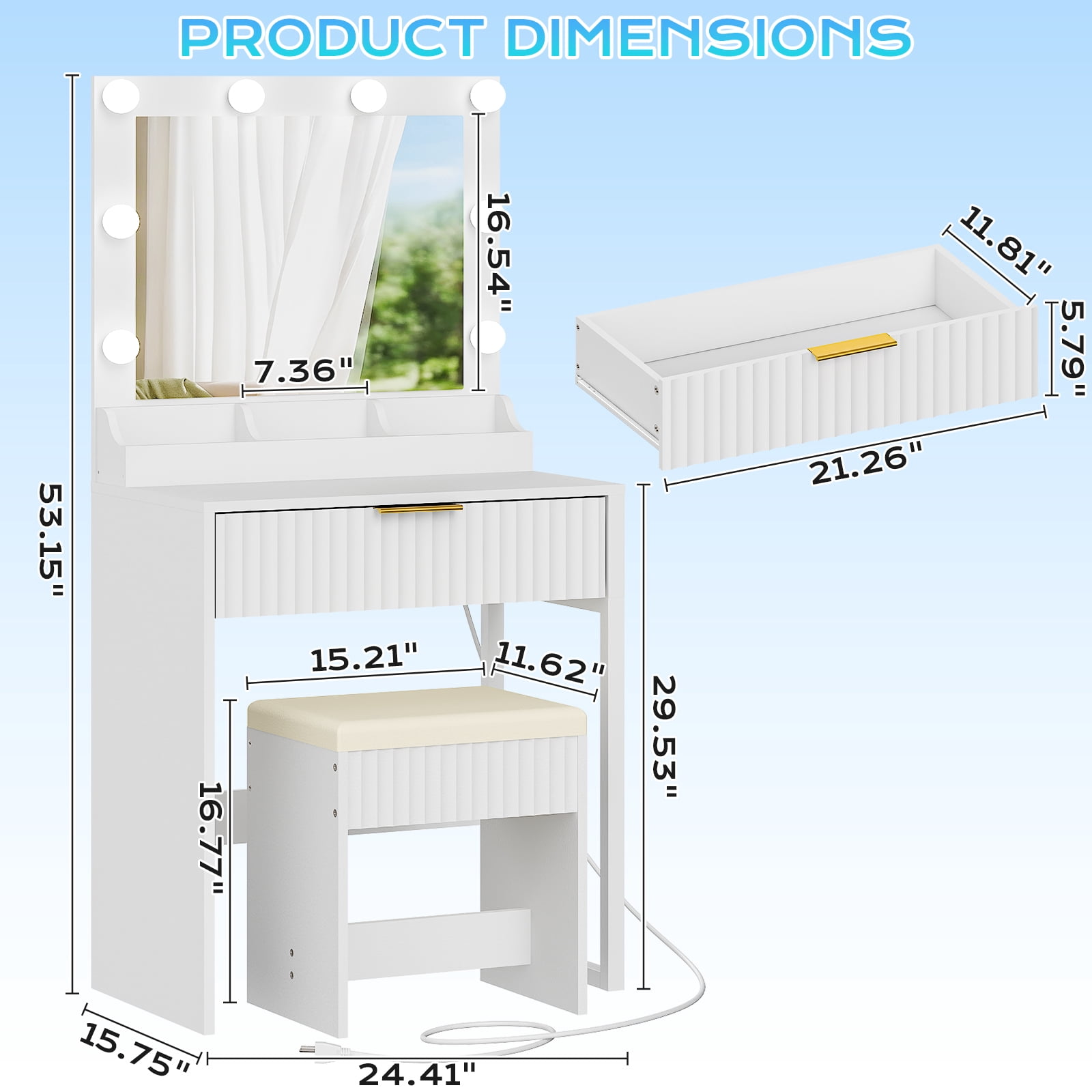 Zimtown Vanity Desk Set with Mirror, Makeup Vanity Table with 8 LED Lights and Charging Station, Dressing Desk for Bedroom, White