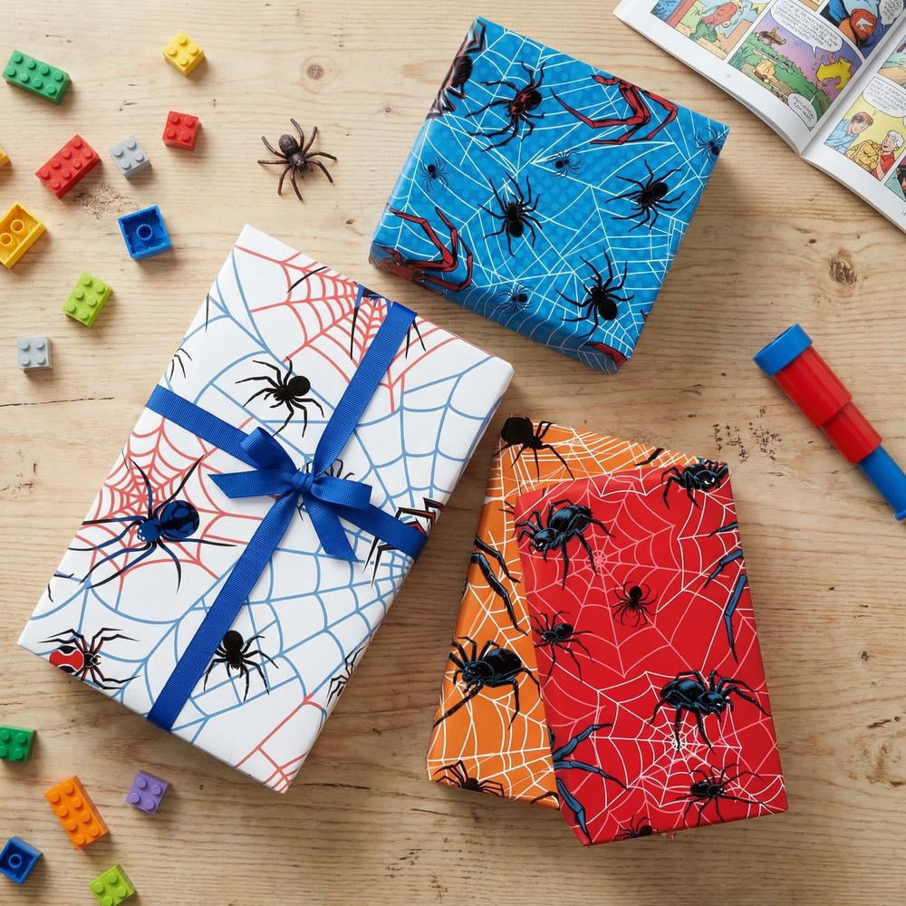 12 Sheets Spider Wrapping Paper, Spider Web Gift Wrap Blue Red Gift Packing for Boys Men Birthday Party DIY Crafts, 19.7 x 27.6 inch