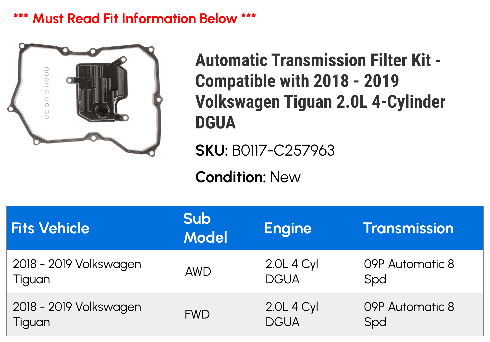 Automatic Transmission Filter Kit - Compatible with 2018 - 2019 Volkswagen Tiguan 2.0L 4-Cylinder DGUA