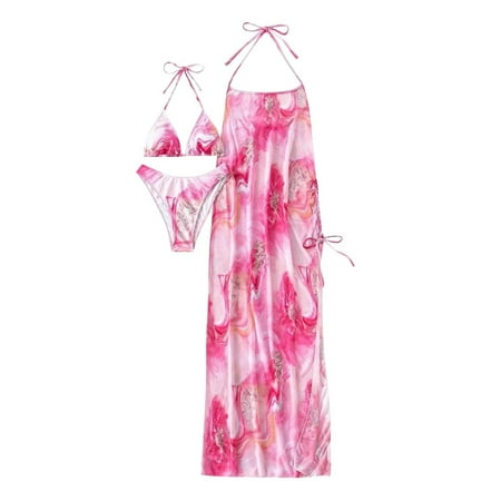 Lopeceal Womens 3 Pieces Bikini Sets Triangle Halter Swimsuits Briefs with Swim Cover Up Dress Tie Dye Bathing Suits Swimwear