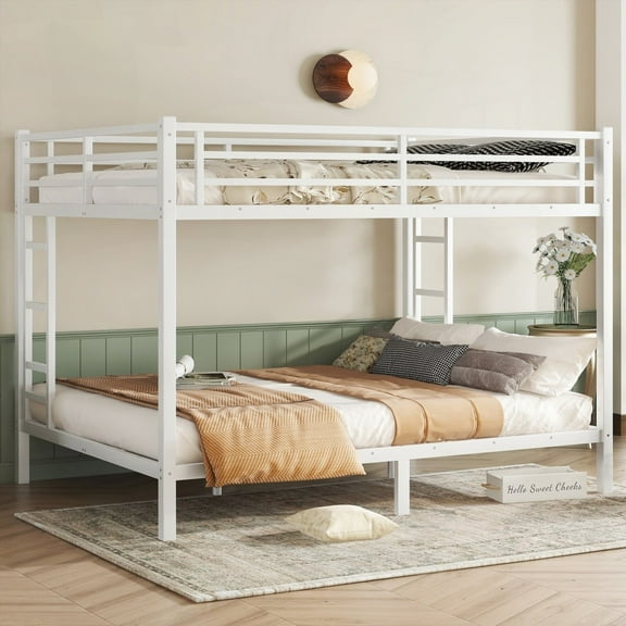 Space-Saving Metal Queen over Queen Bunk Bed for Teens & Adults - Durable Construction, Under Bed Storage (White)