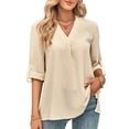 thumbnail image 1 of Top de manga tres cuartos con cuello en V para mujer Top suelto de color puro suave y transpirable para ir de compras Albaricoque S, 1 of 6