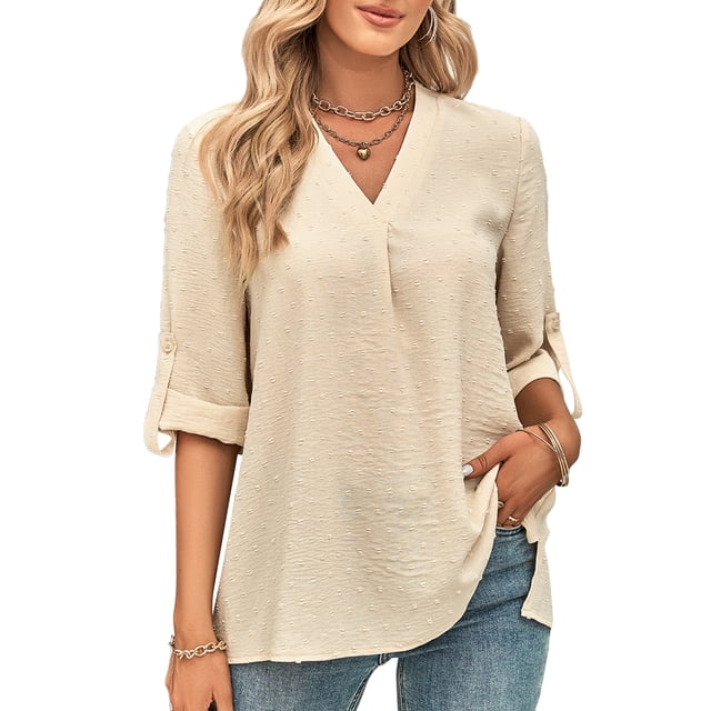 Top de manga tres cuartos con cuello en V para mujer Top suelto de color puro suave y transpirable para ir de compras Albaricoque S