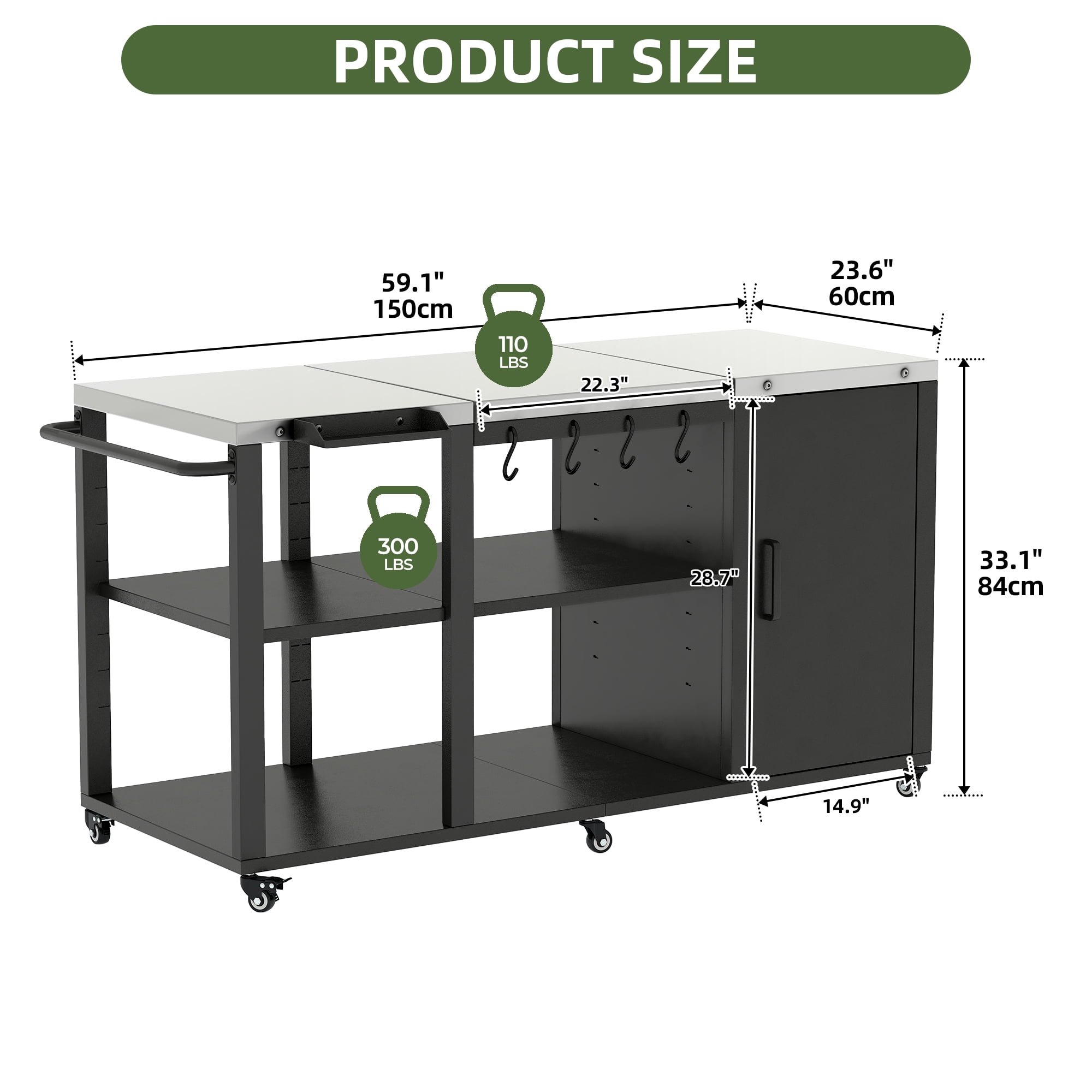 Uforic Grill Cart with Storage Cabinet, Movable BBQ Prep Table Foldable Tabletop