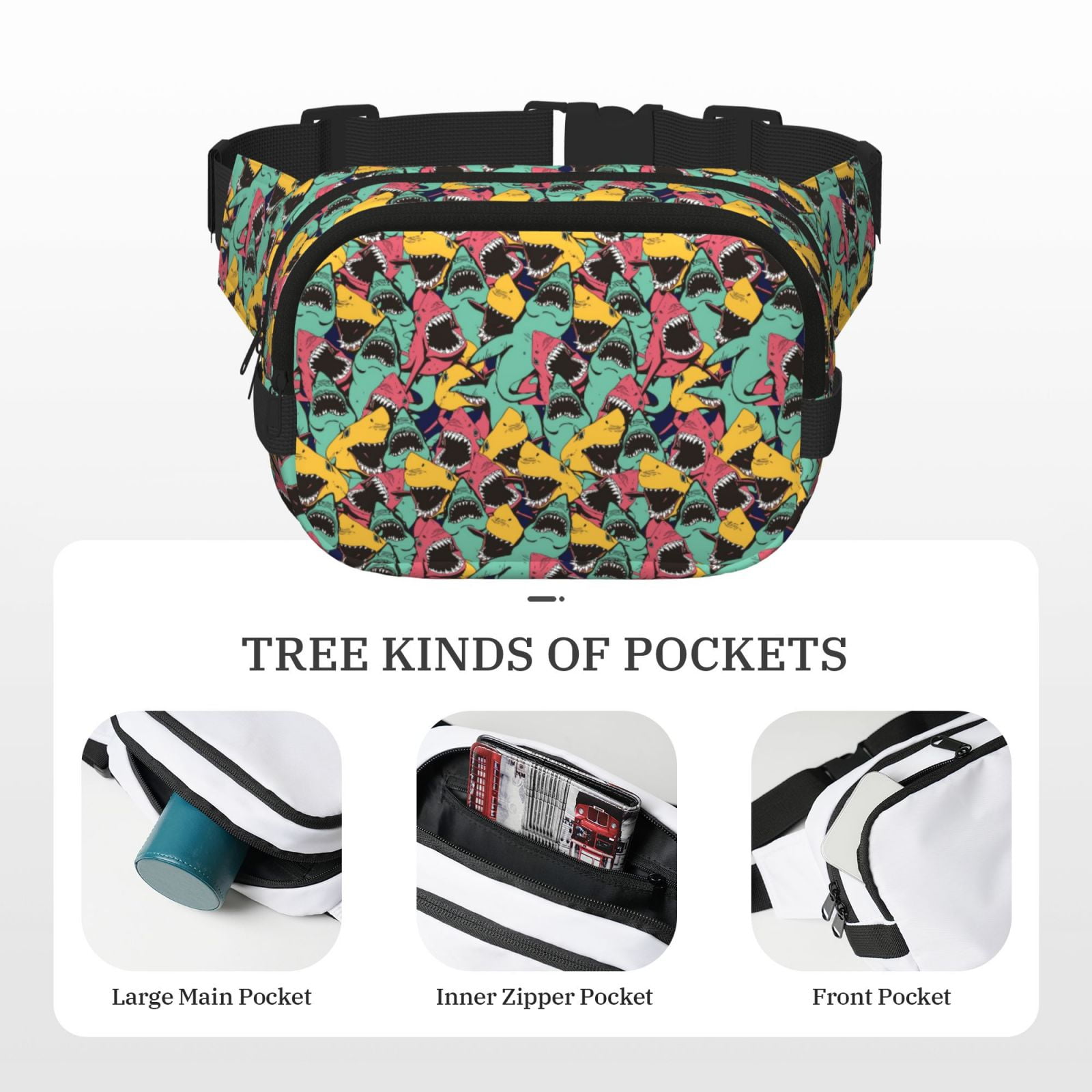 Picia Angry Shark Pattern Print Square Double-Layer Waist Bag Mini Adjustable Waist Belt Bag Exercise Running Travel Hiking