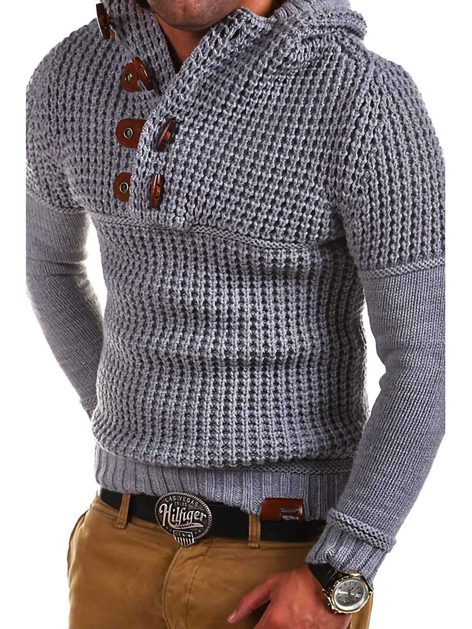 Avamo Mens V Neck Knitted Workout Pullover Sweater Cable Knit Jumper Adults Stylish Knitwear Horn Button Sweaters with Hood - image 1 of 2