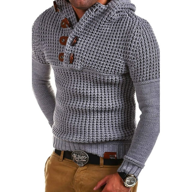 Avamo Mens V Neck Knitted Workout Pullover Sweater Cable Knit Jumper Adults Stylish Knitwear Horn Button Sweaters with Hood