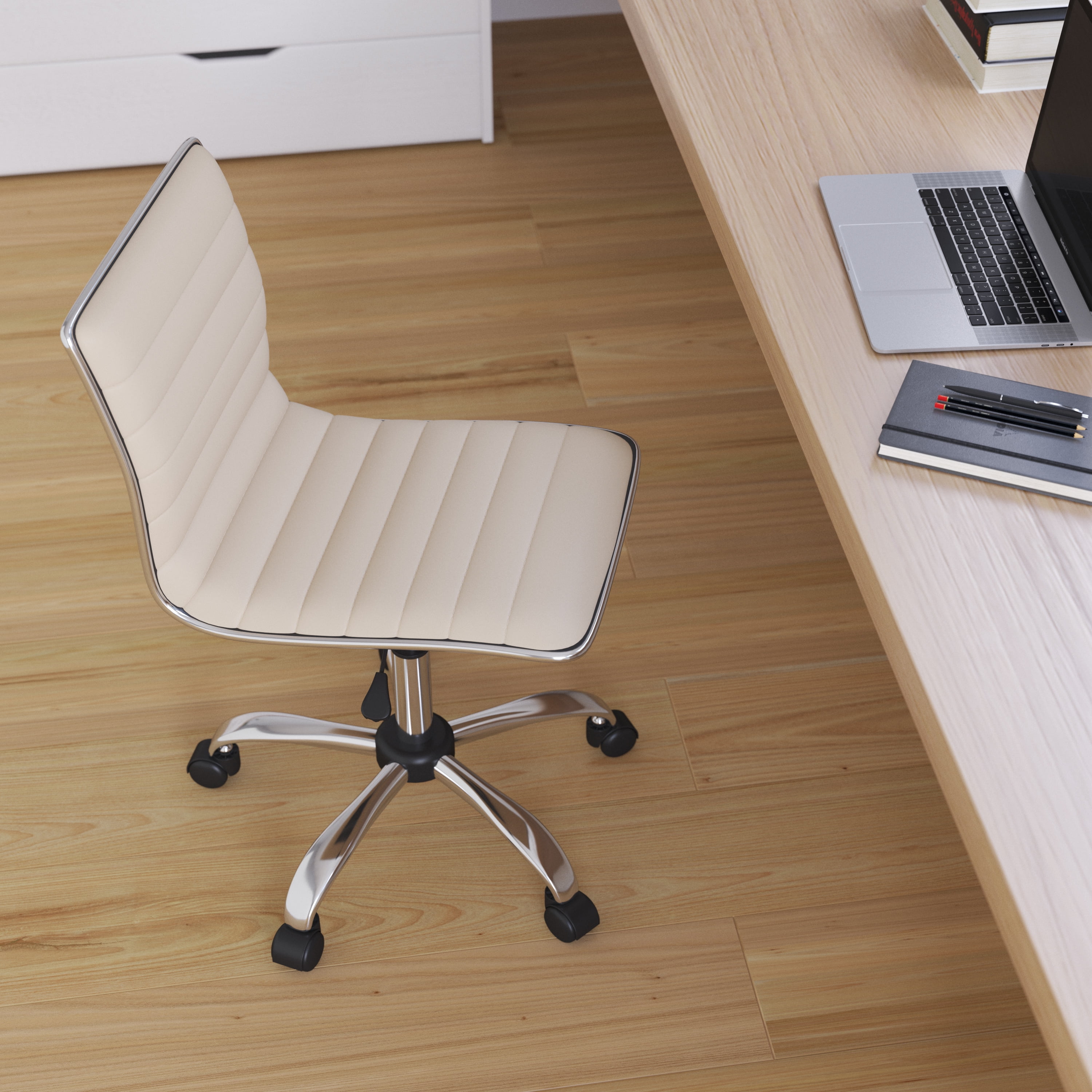 Merrick Lane Home Office Chair Ergonomic Tan Ribbed Low Back and Seat Armless Contemporary Computer Desk Chair with Chrome Border