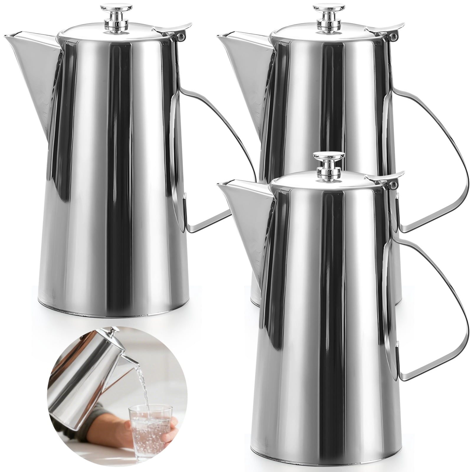 3 Pcs 67.6 Oz Stainless Steel Pitcher with Lid, Thickened Metal Cold Water Pitcher 4.5x3.1x9.1 in, Rustproof Iced Tea Pitcher for Home, Restaurant