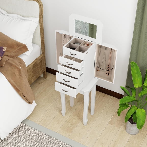 CZMDZH Standing Jewelry Armoire with Flip Top Mirror, Top Storage Tray, 4 Drawers, 2 Side Doors with Necklace Hooks, Vintage Jewelry Organizer Cabinet Chest for Rings, Earrings, Bracelets (White)