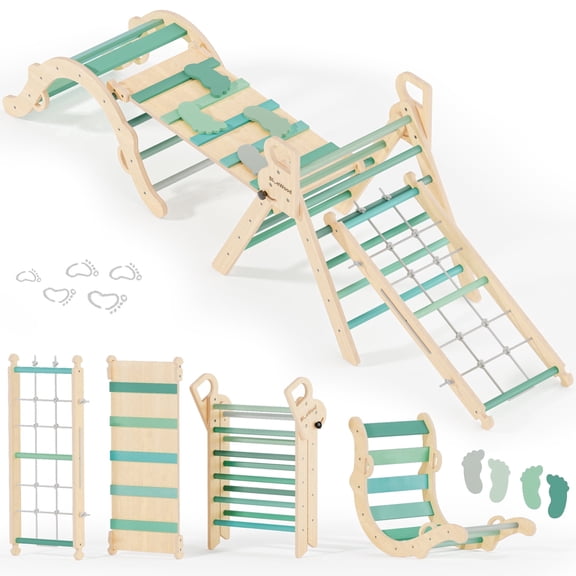 BlueWood 9-in-1 Foldable Wooden Pikler Triangle Climbing Set Green Indoor Arch Climber for Kids
