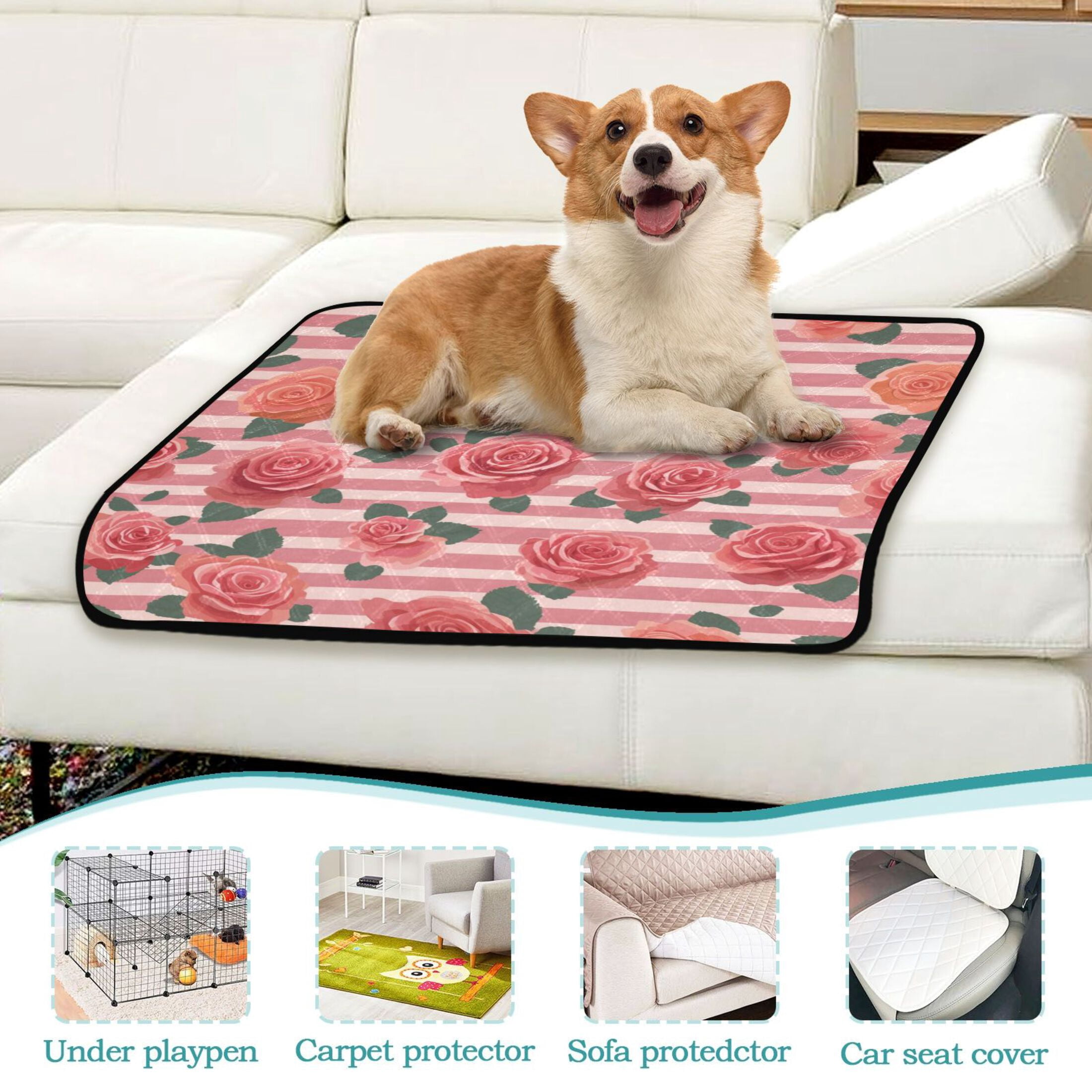 Washable Pet Pee Pads Soft Plush Absorbent Mat Non-Slip Floor Protector for for Dogs & Cats Roses and Stripes Pattern