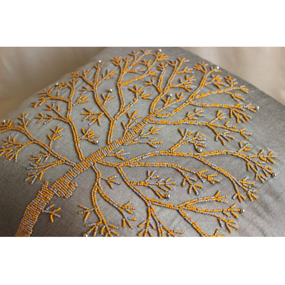 Toss Pillow Cover, Silver Grey Pillows Cover, Colorful Beaded Tree Pillows Cover, 20x20 inch (50x50 cm) Decorative Pillow Covers, Floral Pillow Cases, Square Silk - Tree Of Faith